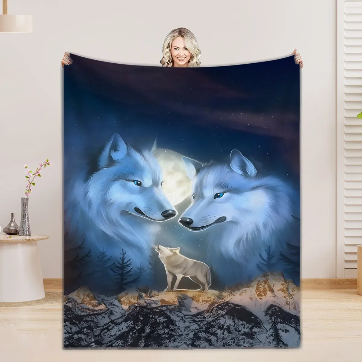 

Wolf Lion Animal Print Flannel Blanket Comfortable Soft for Home Decoration Customizable Size Family Living Room Decor