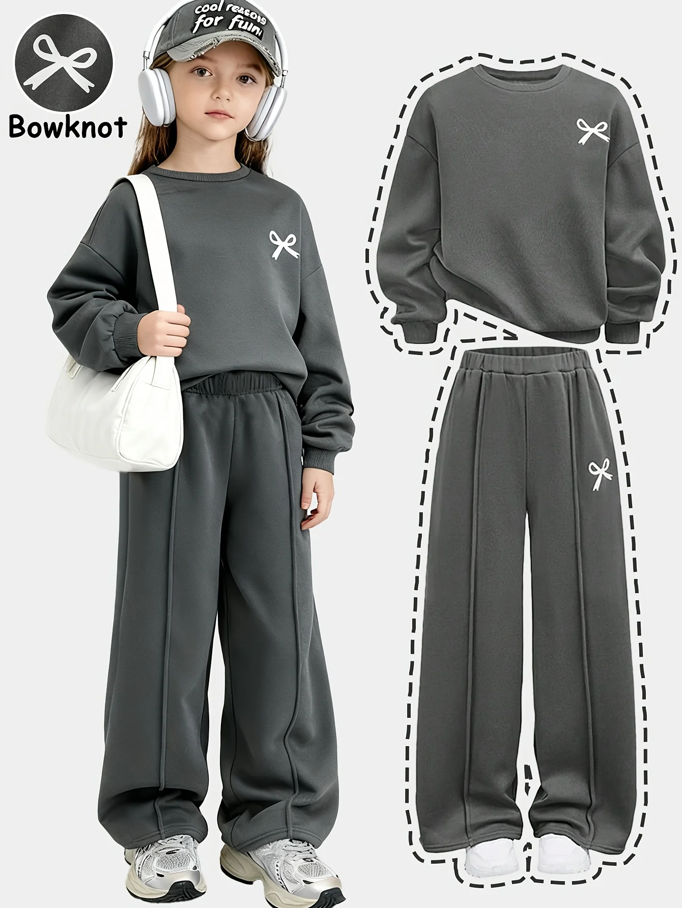 Girls' casual two-piece set: grey bow-accented sweatshirt and high-waisted long pants; a versatile, fresh-style outfit perfect f