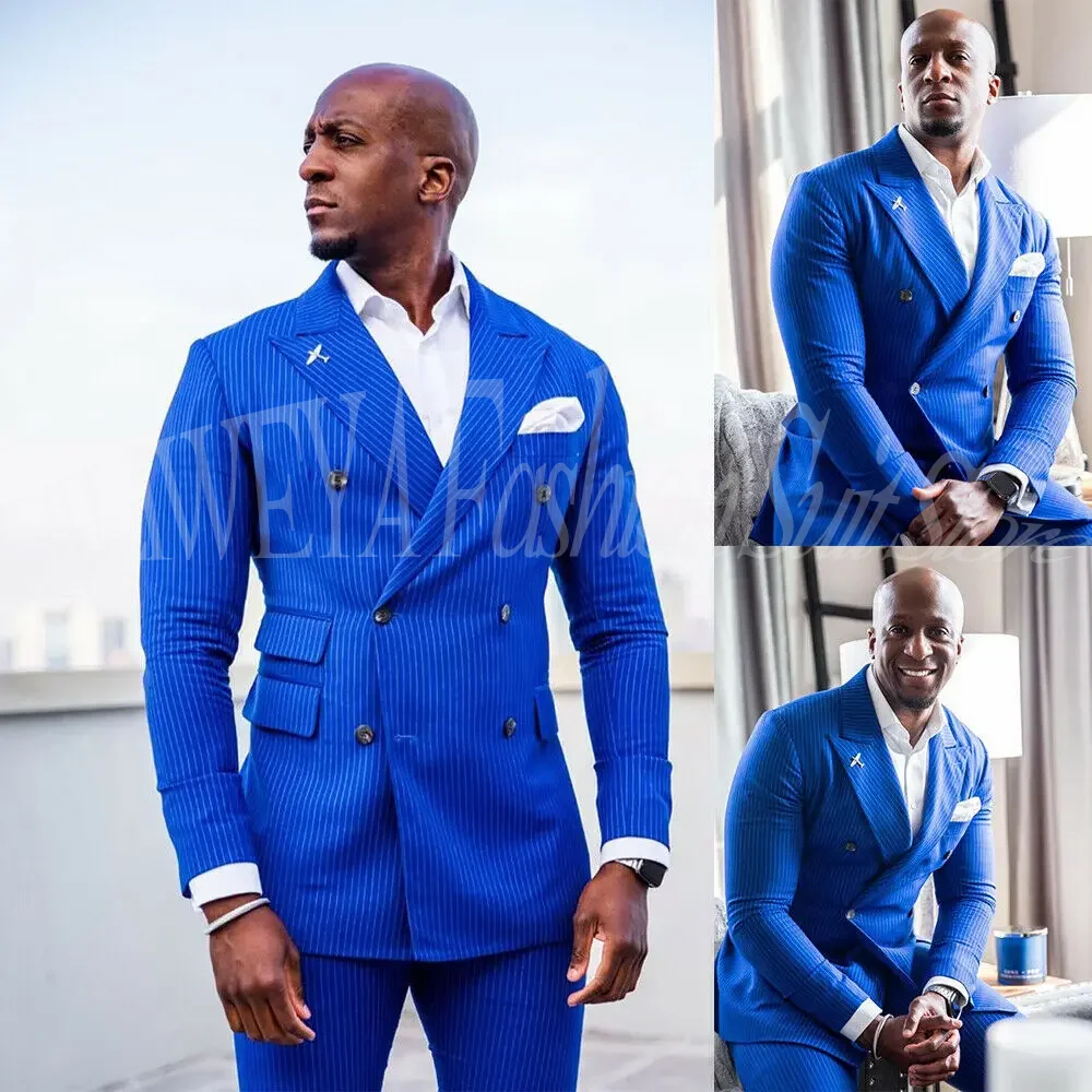

Exquisite Men's Wedding Suit 2 Pieces Blazer Set Blue Pinstripe Jacket Pants Tailored Tuxedo for Groom Traje De Hombre Elegante