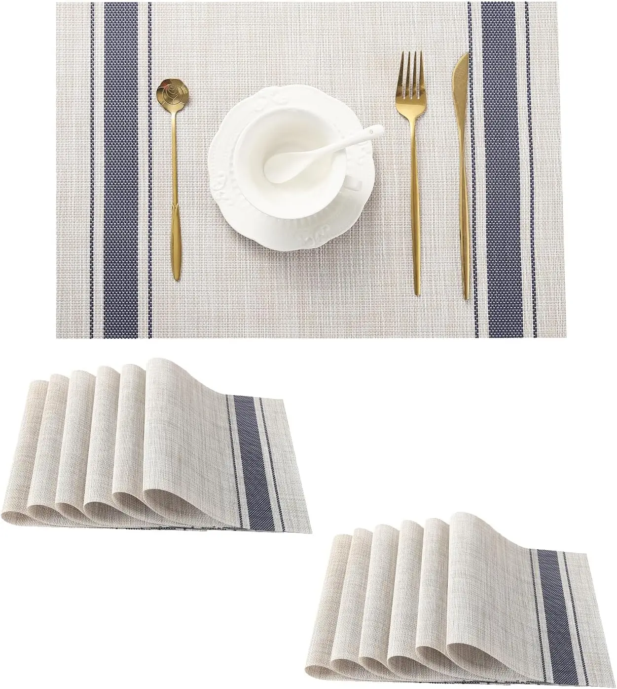 

Khaki-Blue Placemats, Heat Resistant Non-Slip Place mats for Dining Table, Washable Durable PVC Vinyl