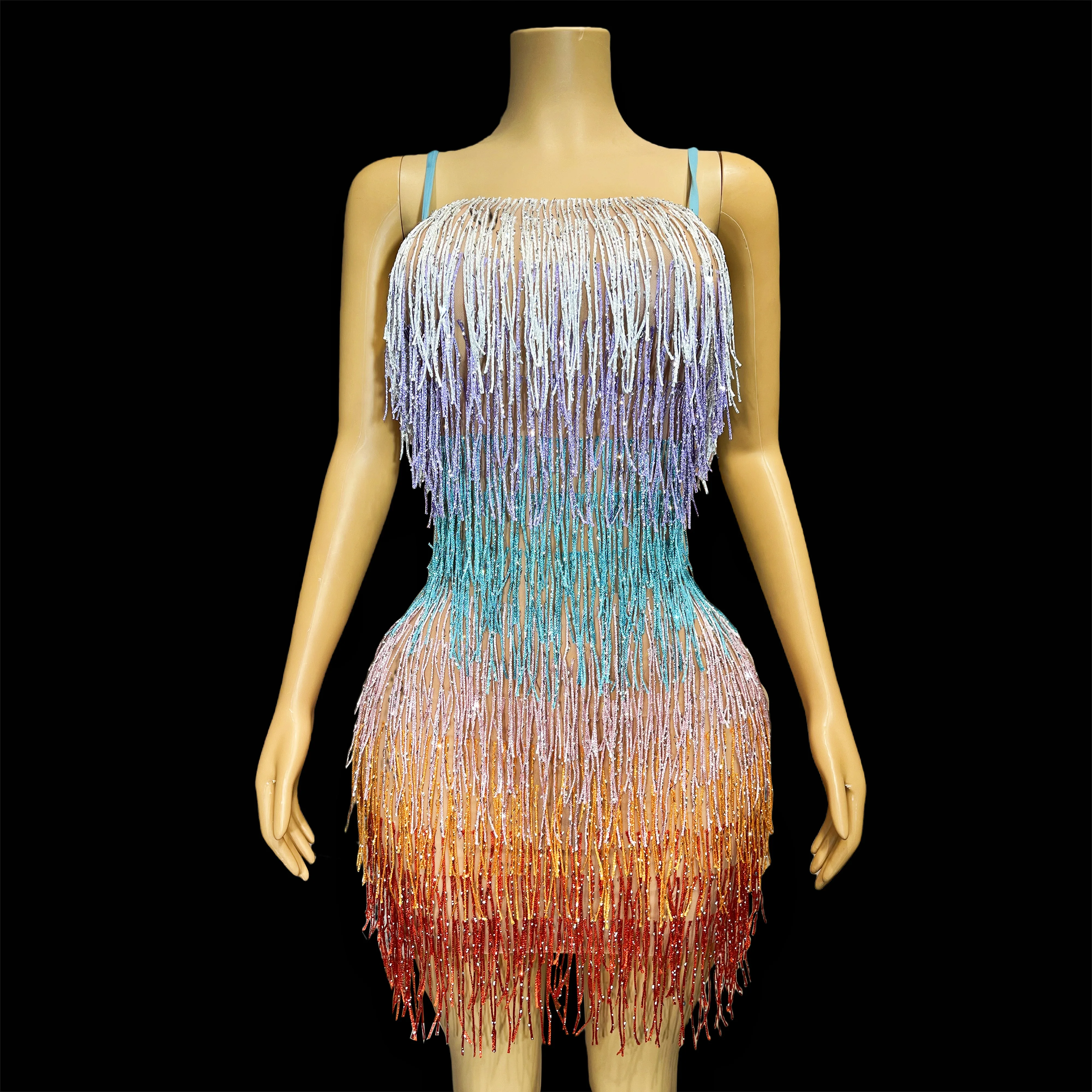 

2024 New Sexy Colorful Heavy Industry Tassel Dress Graduation Celebration Sleeve Singer Fashion Outfit wucai