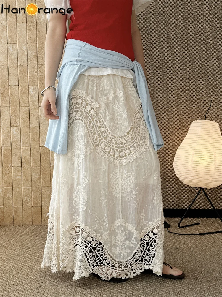 

HanOrange 2026 Весна-Лето: Длинная юбка А-силуэта в богемном стиле с кружевными вставками ручной работы, белая/бежевая