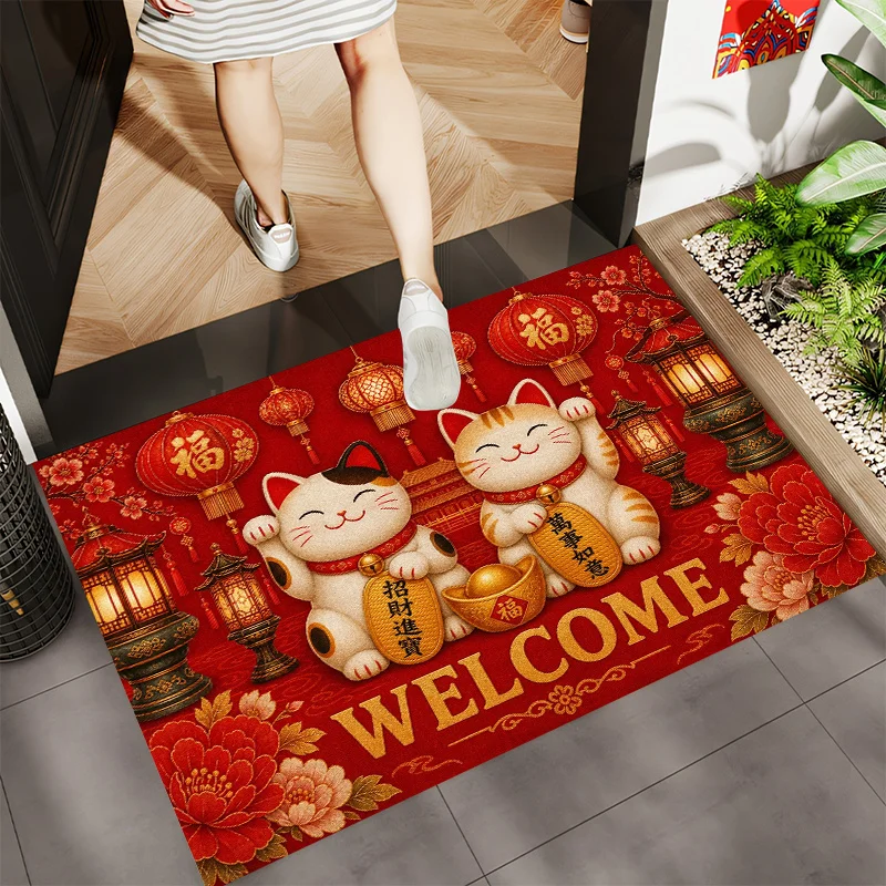 Lucky Cat Door Mat, Red Welcome Floor Rug, Chinese New Year Fortune Entrance Carpet, Non-slip Festival Home Decor Gift