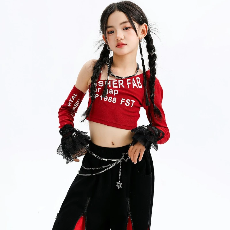 

Girls Hip Hop Street Dance Clothes Set Fashion Red One Shoulder Crop Top T Shirt Baggy Pants Outfits Group Jazz Dance Costumes