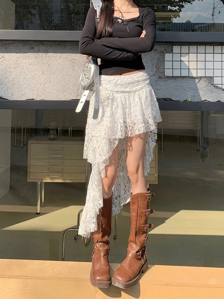 

Korean Sle Irregular Lace f Skirt Women's Elastic Waist Versatile Slimming Spring Skirt ort Skirt Pure Color