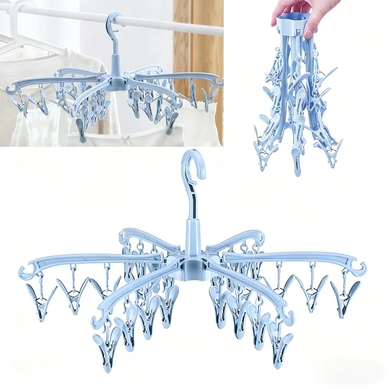 Folding Clothes Dryer Rotatable Hanger Windproof Socks Underwear Drying Rack Home Storage Laundry Rack 24 Clips