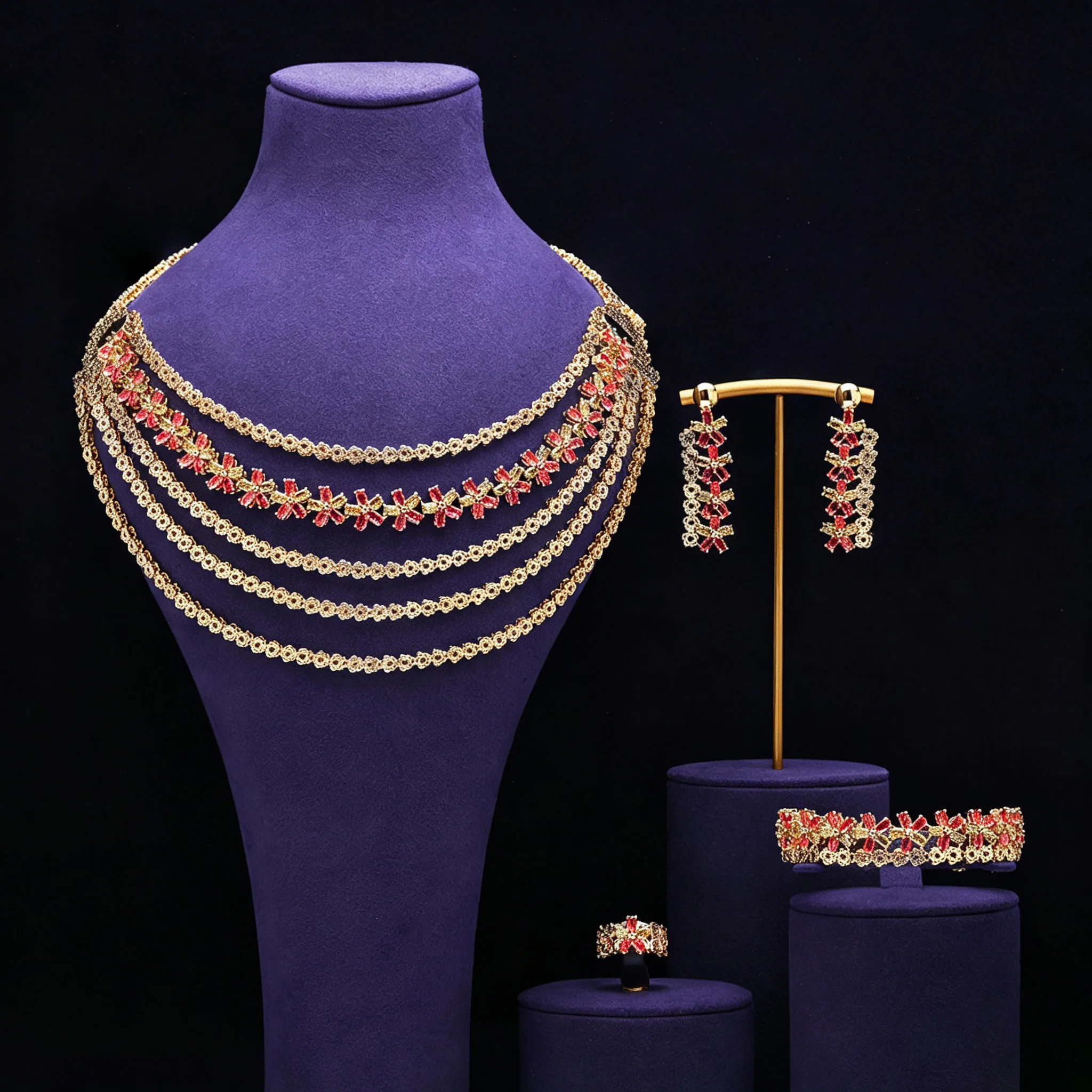 HIBRIDE New Vintage Stunning Women's 4 Piece Necklace and Earring Set Women's Perfect Wedding Bridal Event Luxury Jewelry S-1291