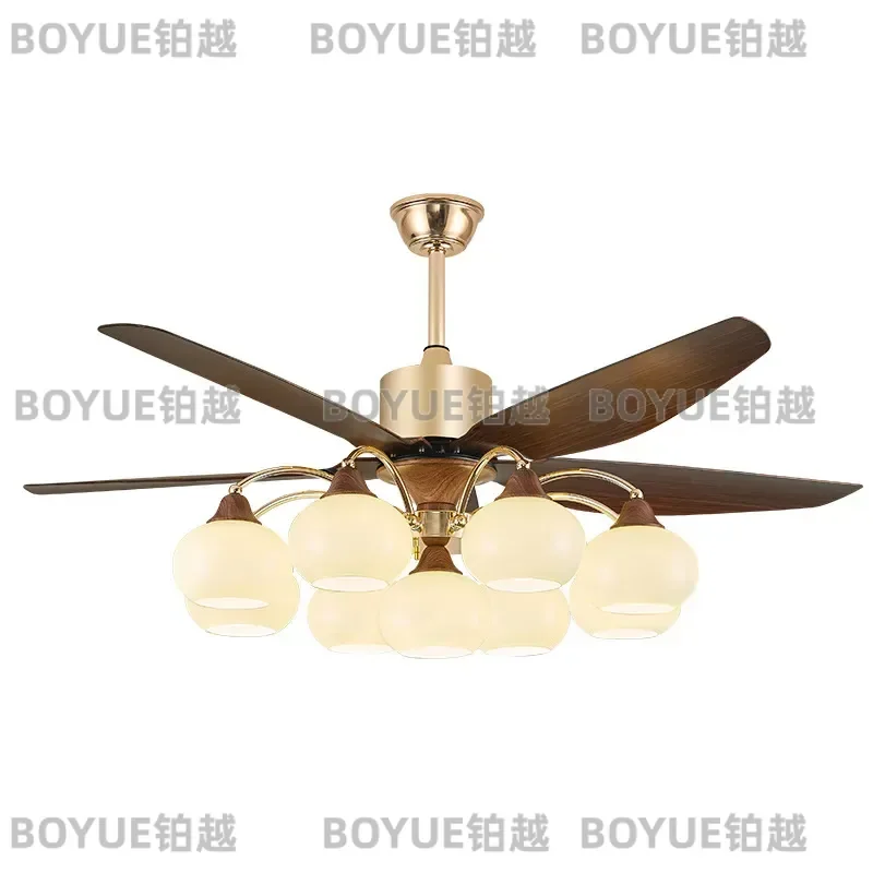 New Chinese Retro Ceiling Fan Light Walnut Atmosphere Living Room Bedroom Study Multi Head Straight Blade Lamp