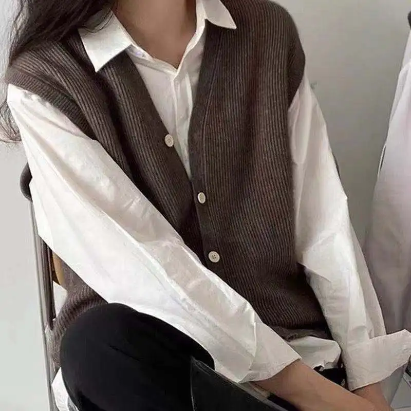 S-4XL Sweater Vest Women Clothing Retro Solid Button-up Knit Outwear V-neck Loose-fit Sleeveless Sweaters Lady Japanese Style