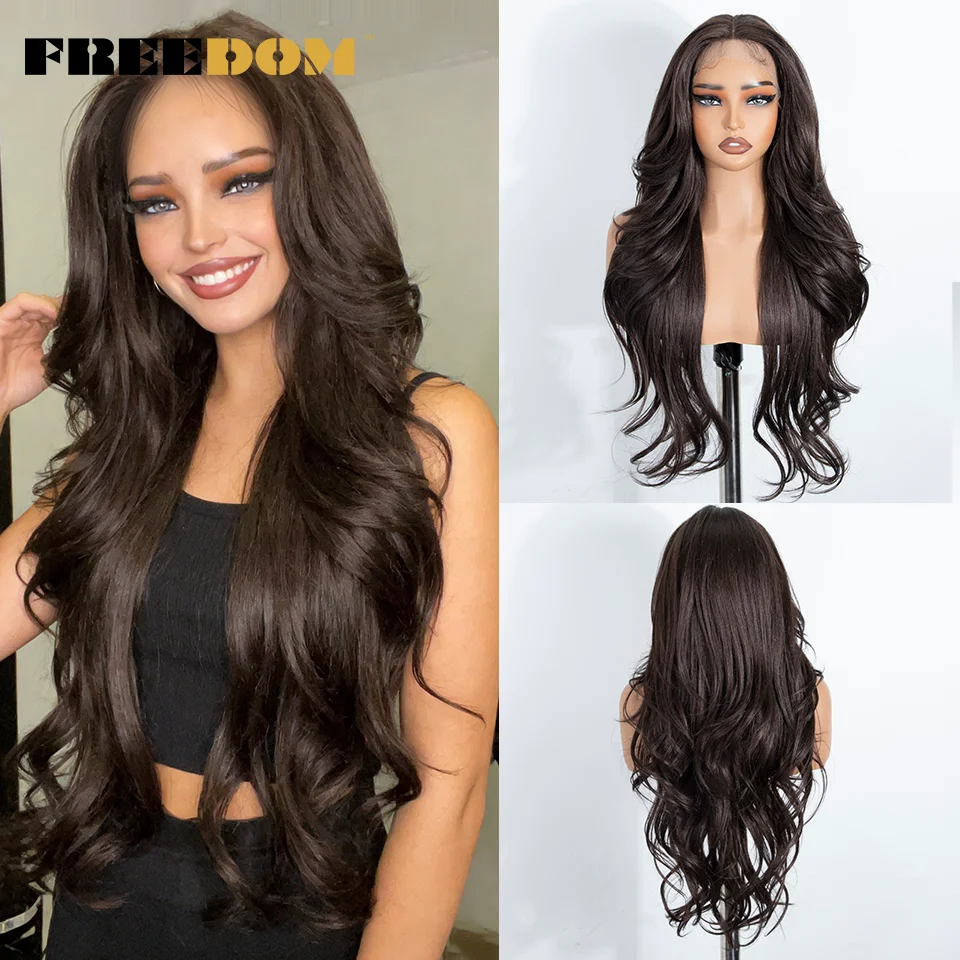 FREEDOM Layered Curl Synthetic Lace Front Wigs For Women 28 Inches Long Wavy Ombre Brown Blonde Lace Wig With Bangs Cosplay Wigs