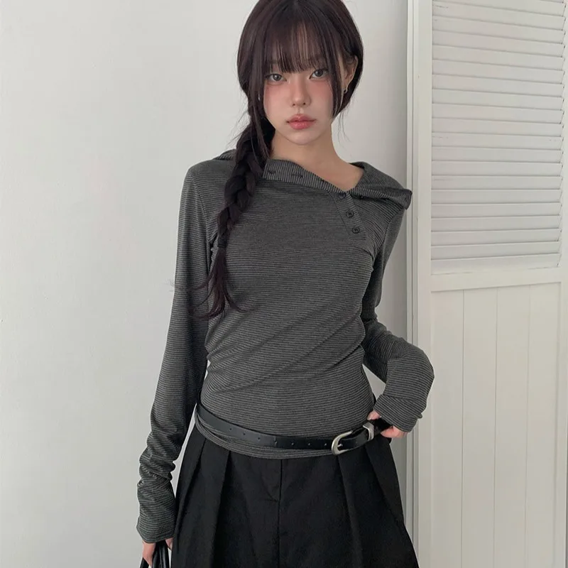 Retro Versatile Slim Fit Hoodie T-Shirt Side Buckle Design Simple Style Women's Long Sleeve Casual Top for Young Ladies