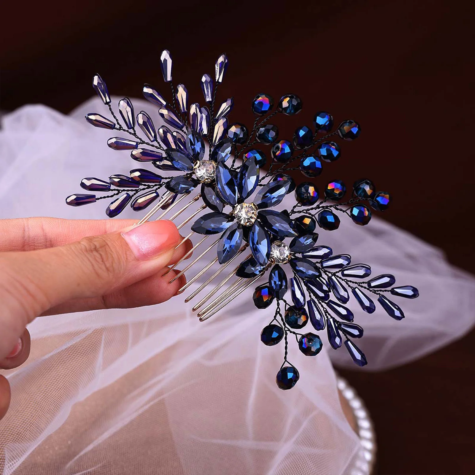 دبوس شعر على شكل حرف U مع مشط شعر ضيف الزفاف إكسسوارات الشعر الأزرق حجر الراين الخرز مشبك شعر أزياء الزفاف التيجان أغطية الرأس #2