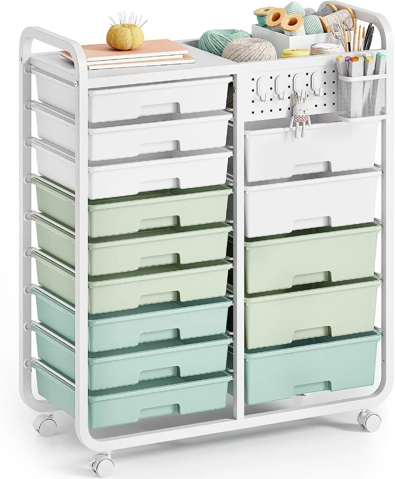 

14 Drawer Rolling Cart with Tabletop & DIY Pegboard, Storage Cart with Wheels, Classroom Organizers Utility Cart for Office Home
