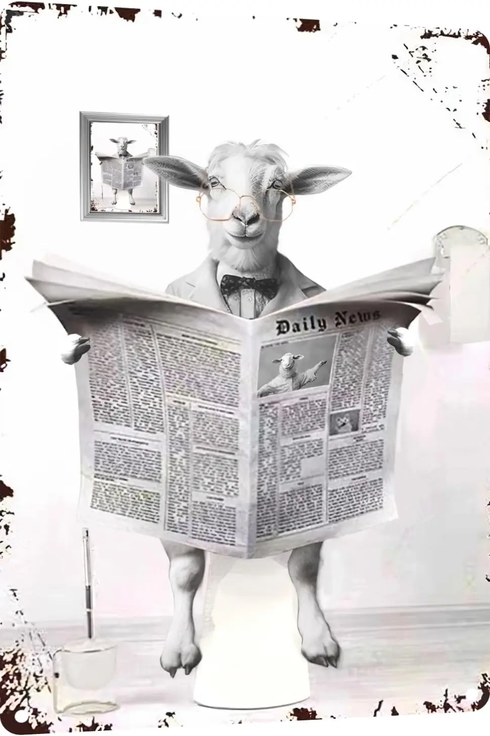 Metal Tin Sign Vintage Sheep Toilet Reading Newspaper Humour Funny Animal Whimsy Animal for Home, Bathroom and Toilet Wall Decor