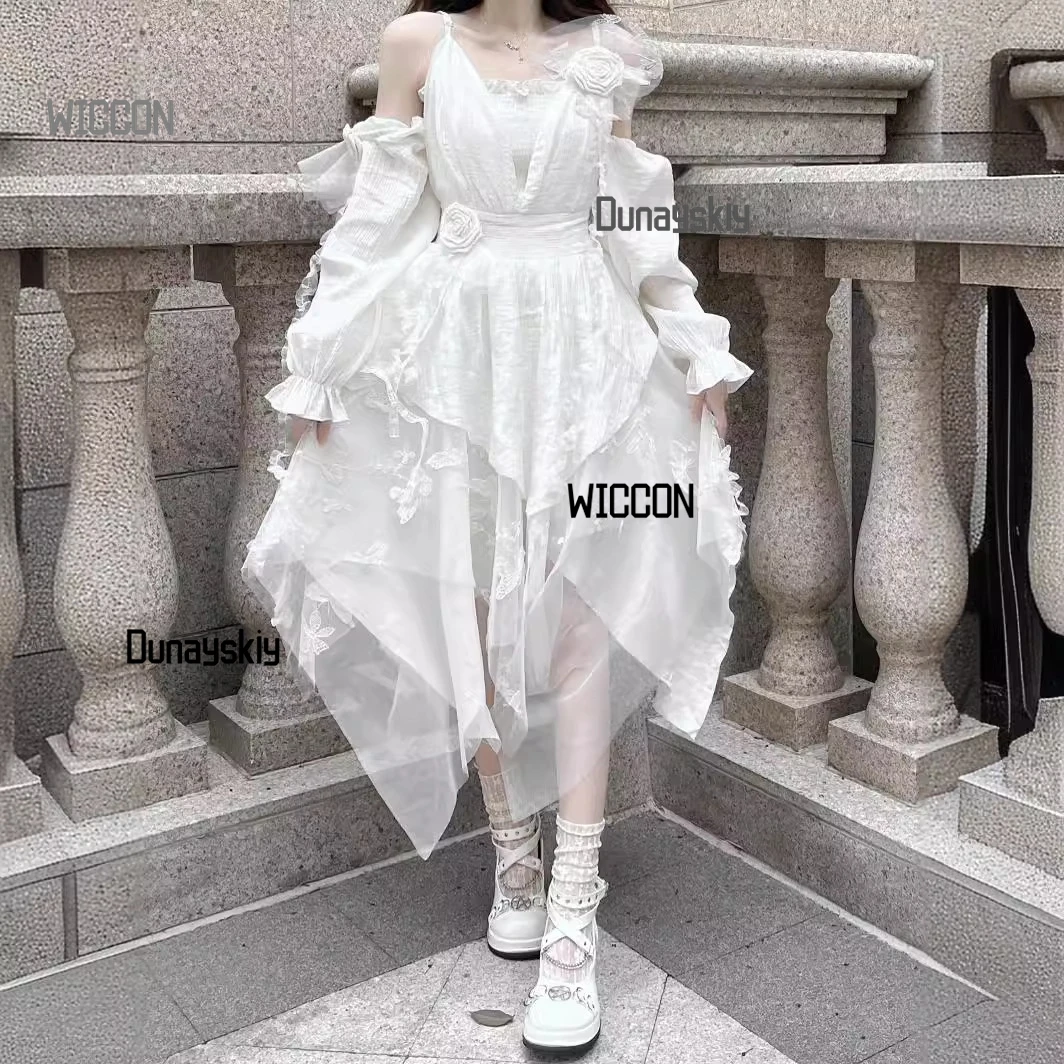 Jirai Kei استراحة الشاي اليابانية الفرنسية لوليتا فستان المرأة تأثيري ازياء Kawaii الأبيض أنيقة القوطية الشرير كول حفلة الهالوين