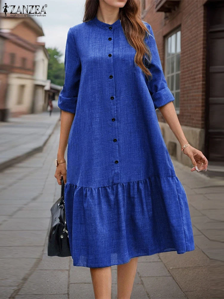 ZANZEA Long Sleeve Commute Solid Vestidos Women O Neck Button Up 2025 Spring Midi Dress Casual Ruffled Hem Holiday Shirt Dress