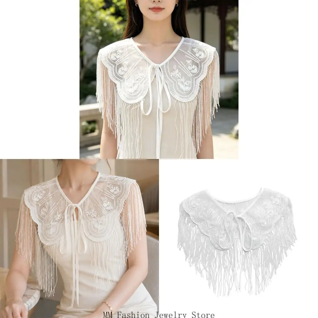 Front Tie Decorative Collar Shawl with Embroidered Mesh Fringe for Traditional Dress Styling and Formal Wear Use D0UB