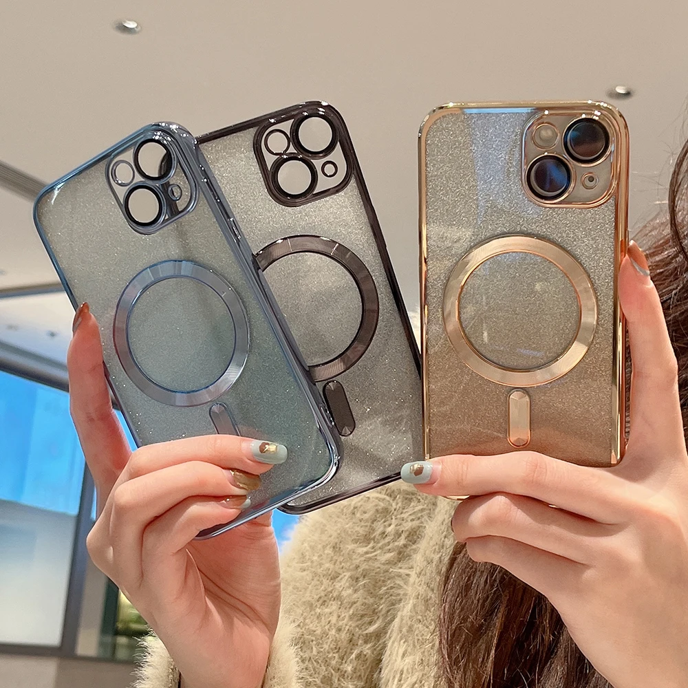

Glossy Glitter Magnetic Case with Lens Protection For Magsafe For iPhone 16 15 14 13 12 11 17 Pro Max Shiny & Shockproof