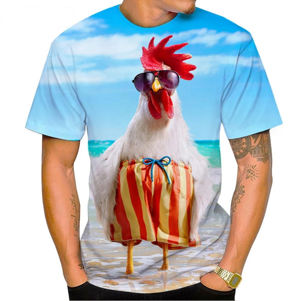 Summer New Men's T-shirt Fashion Funny Chicken Pattern Cockfighting 3D Printing Men's Round Neck Short Sleeve Loose Top