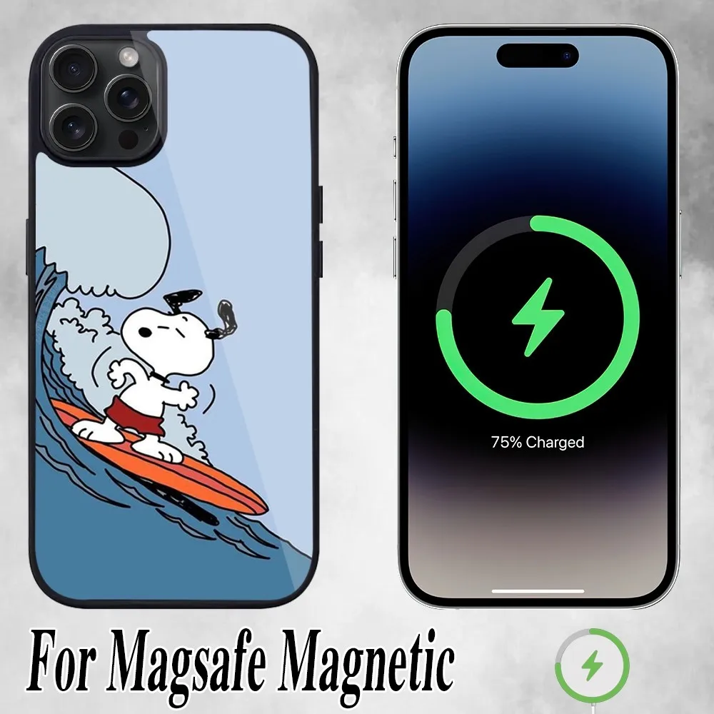 MINISO Cartoon Cute S-Snoopy Phone Case For iPhone 11 Mini 12 13 Max 14 Plus 15 Pro Magesafe Magnetic Shell