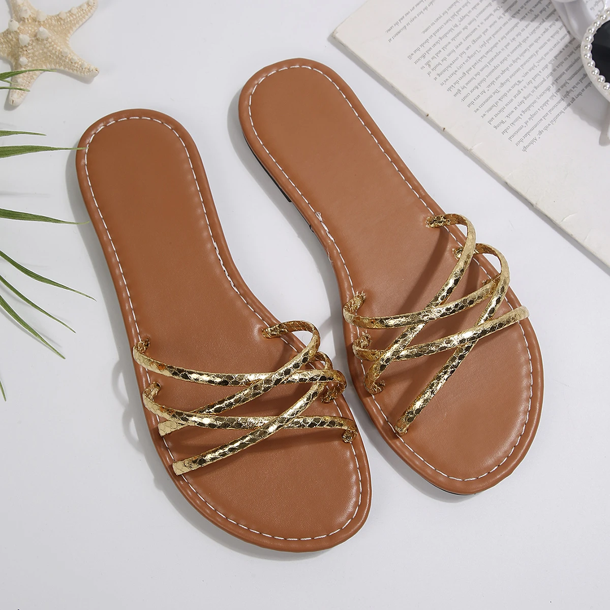 Women Golden Multi‑Criss Thin Strap Flat Slides Open‑Toe Lightweight Summer Beach Holiday Casual Non‑Slip Slipper Sandals