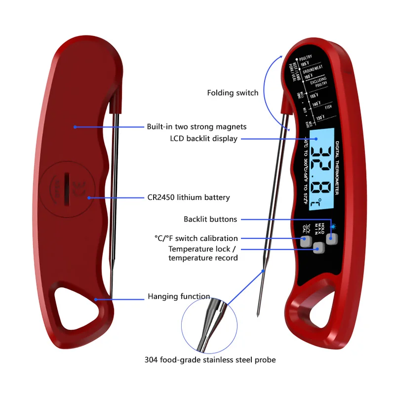 เครื่องวัดอุณหภูมิอาหารเนื้อสัตว์ทําอาหารดิจิตอลแบบพับได้อ่านทันทีสําหรับการย่าง