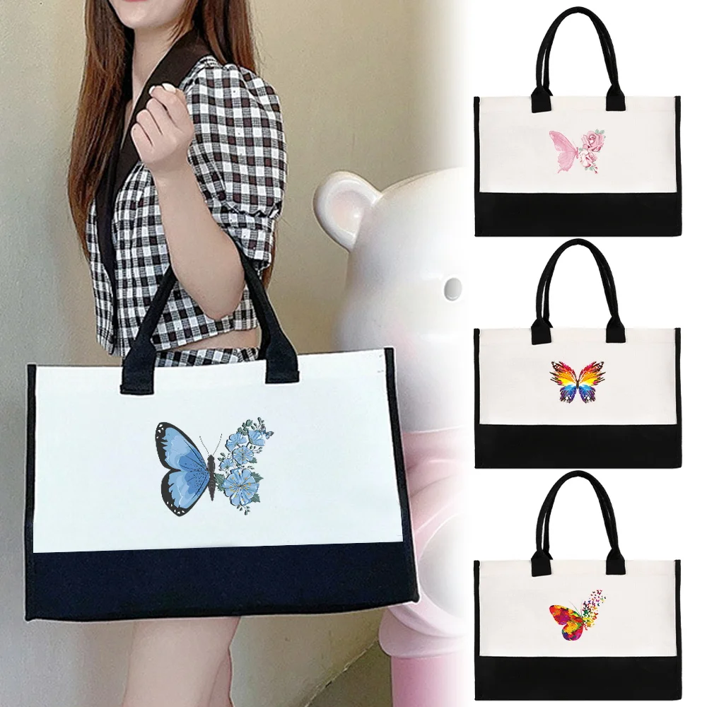 Women's Bag Large Size Shopping Bag Environmental Protection Large Capacity Portable Storage Jute Bags Butterfly Series Print