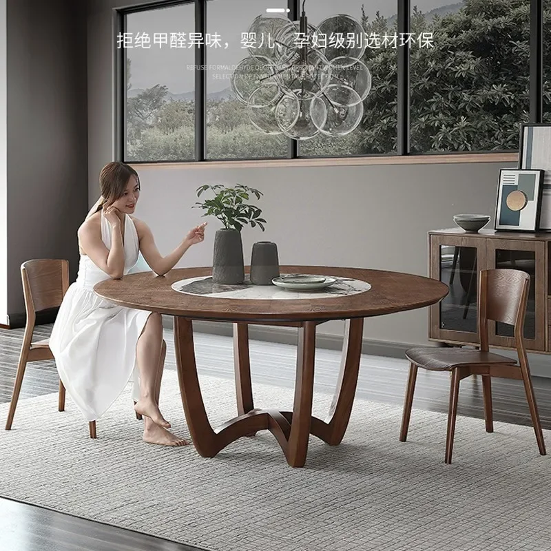 Rock slab inlaid turntable dining table with induction cooker New Chinese walnut colortable