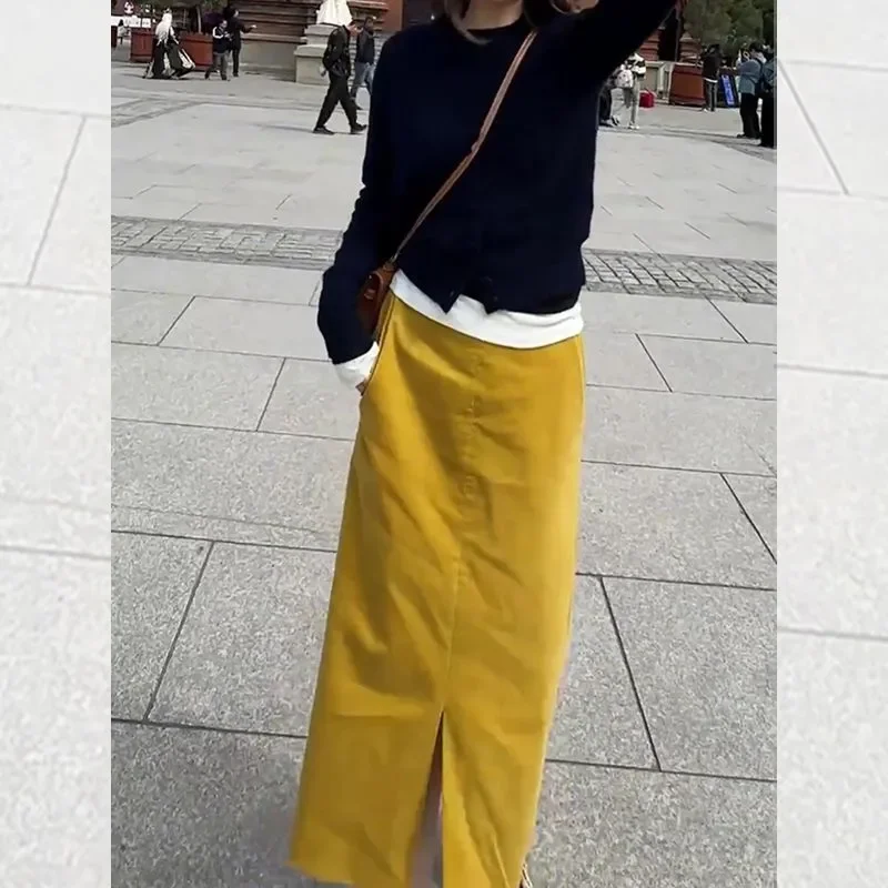 Yellow Corduroy Skirt Women's Autumn New High Waist Fashion Versatile Style Slit Straight Skirt
