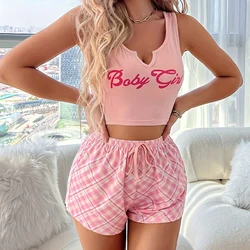 Fashion Women's Two-Piece Printed Letter Sleeveless Vest and Plaid Casual Shorts Pajama Set Summer Casual Home Pajama Set