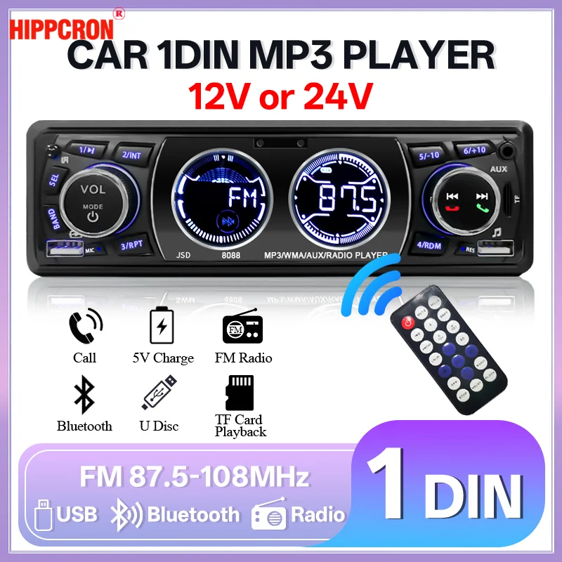 Hippcron 1din Car Radio Bluetooth Audio Stereo 12/24V MP3 Player 5V Charging FM Radio/AUX/USB/TF Card Playback Universal