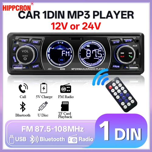 Hippcron 1din Radio de coche Bluetooth Audio estéreo 12/24V reproductor de MP3 5V carga Radio FM/AUX/USB/reproducción de tarjeta TF Universal