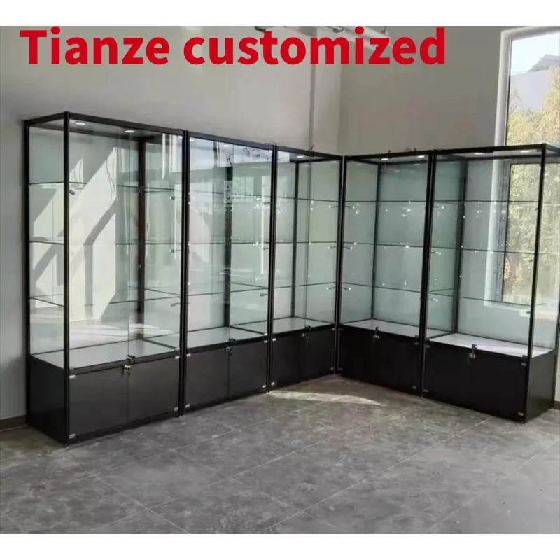 (customized)New Design Commerical Fashion Golden Aluminum Frame Black Panel Glass Tower Display with LED Light