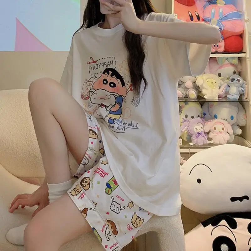 New Kawaii Cute Crayon Shin Chan Pajamas Three Piece Short Sleeve Sling Student Leisure Cartoon Anime Fashion Birthday Girl Gift