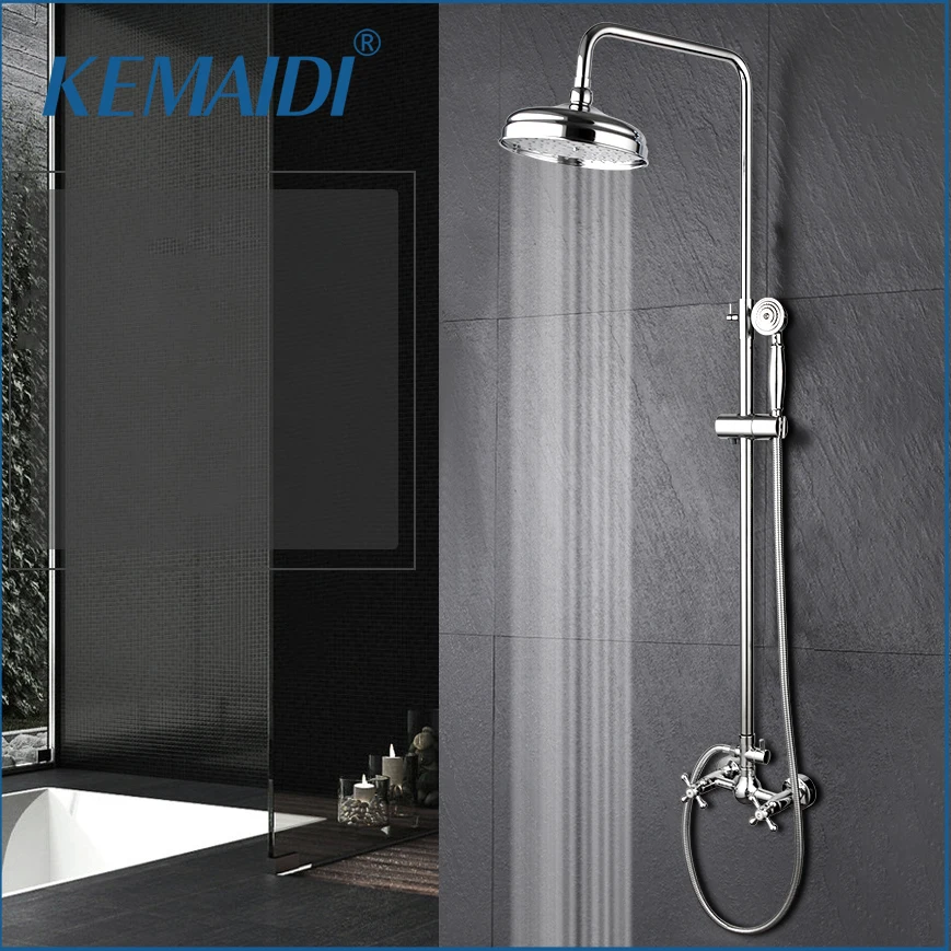 KEMAIDI Bathroom Shower Faucet Set w/ Rainfall Shower Head Tap Chrome Finish Shower System Dual Handles Mixer Wall Mounted