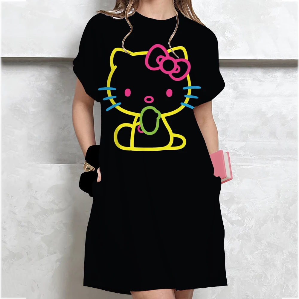 2025 New Korean-style Plus-size Hello Kitty print T-shirt Women's Summer Loose-fit Belly Covering Student Dress ﻿