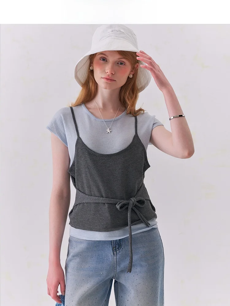 

Женский трикотажный джемпер Slim Fit с коротким рукавом, имитация двухслойности, весна-лето, новинка, дизайн Jiujiu, дышащий