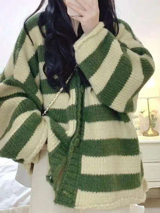 Sweet Striped V-Neck Open Cardigan Knitted Sweater Women's Autumn Winter Lazy Style Korean Loose Top Coat College Style