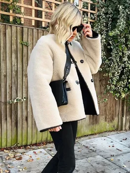 BWQ Women's Faux Wool Warm Loose Jacket Coat Round Neck Single Breasted Double Pocket Casual Overcoat Winter Female Chic Coat 3