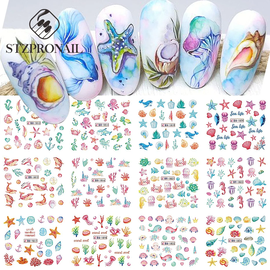 Pegatinas de animales del océano para manicura, calcomanías de transferencia de agua DIY, ballena de dibujos animados de mar, decoración de uñas, puntas SLBN, 12 piezas