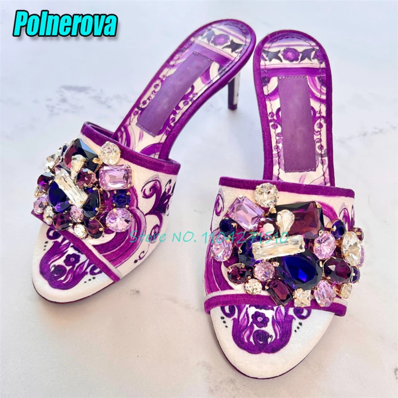 Summer Flower Print High Heels Slippers Multicolor Rhinestone Open Toe Stiletto Mules Women Sandals Bohemian Holiday Beach Shoes