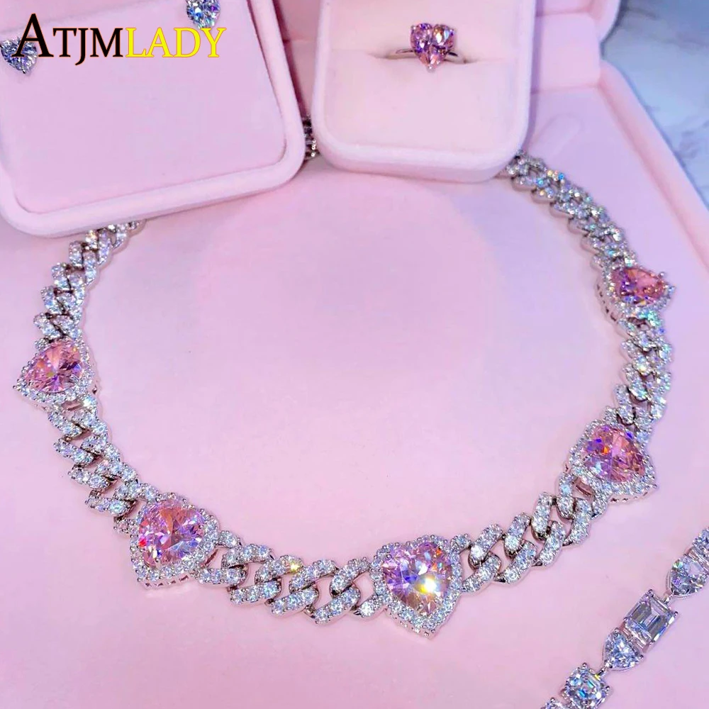 

Iced Out Bling Cubic Zirconia 11mm Miami Cuban Link Chain Hearts Necklace Pink Heart CZ Charm Choker Jewelry Hiphop For Women