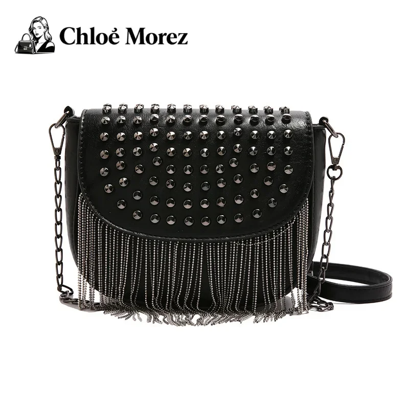 

Сумки Женская сумка Модная сумка через плечо с кисточками Индивидуальная тенденция с заклепками Универсальная сумка через плечо-седло