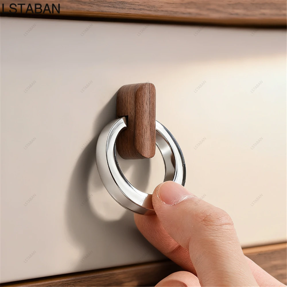 Modern Minimalist Kitchen Cabinet Handle Walnut Wooden TV Cabinet Door Knob Bedside Table Drawer Pull Ring Furniture Door Handle