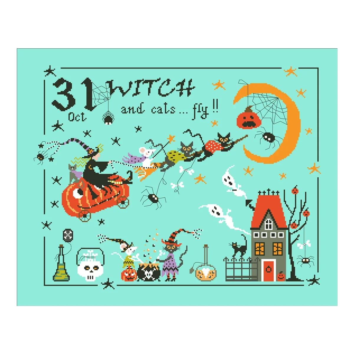 Witch and cats fly cross stitch kit Halloween cartoon 18ct 14ct 11ct bright green canvas stitching embroidery DIY