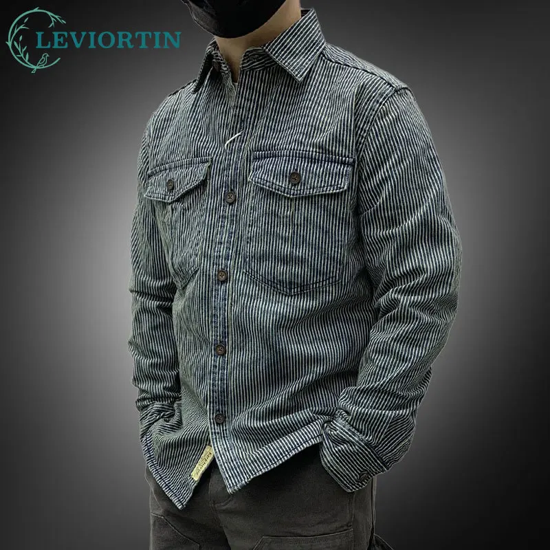 

Heavy Wash Striped Tooling Shirt Men Retro Amikaki Chest Pocket Long Sleeve Twill Cotton Button Down Workwear Denim Shirt Jacket