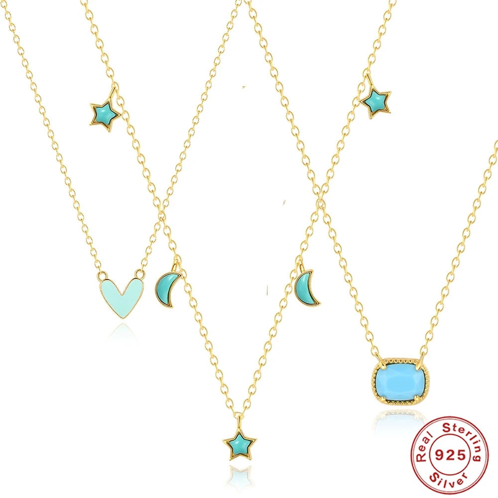 AIDE 925 Sterling Silver Retro Turquoise Pendant Chokers Necklace for Women Cute Small Moon Star Pendant Clavicle Necks Jewelry