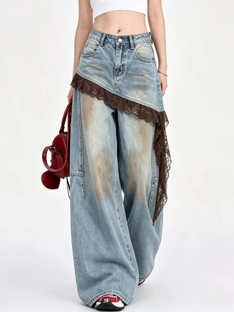 Women American Retro Lace Spliced Layered Skirt Panel Curved Wide Leg Jeans 2026 Autumn Fake Two Piece Loose Long Denim Pants