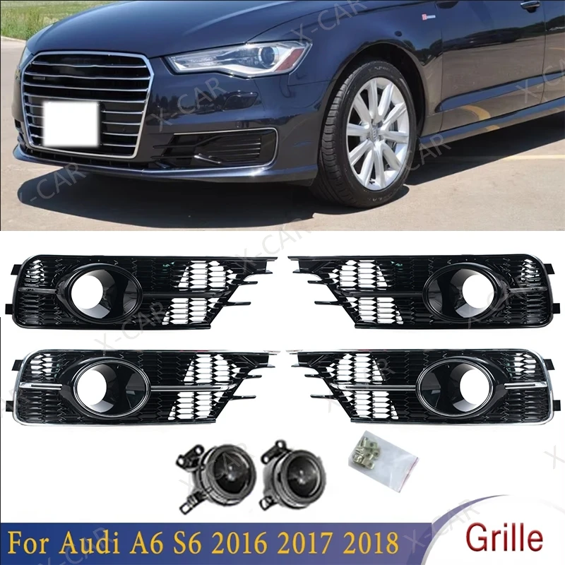 

For Audi A6 C7 Standard Bumper 2016 2017 2018 For A6 to S6 Front Bumper Fog Light Grille ACC Foglamp Mask Cover Frame