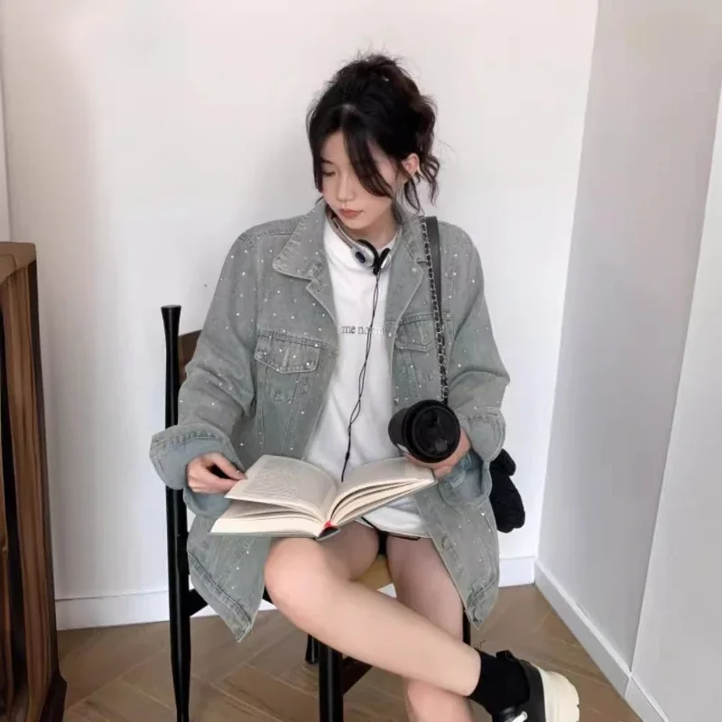 Korean Fashion Shiny Sequins Jean Jacket Women Denim Jackets Female Vintage Loose Denim Coat Girls Casual Outwear Woman Jacket